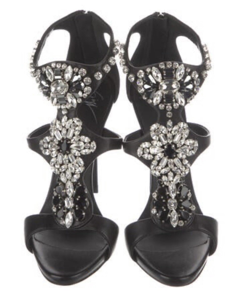 $1850 NIB GIUSEPPE ZANOTTI BLACK LEATHER CRYSTAL EMBELLISHED SANDALS SZ 7.5 37.5