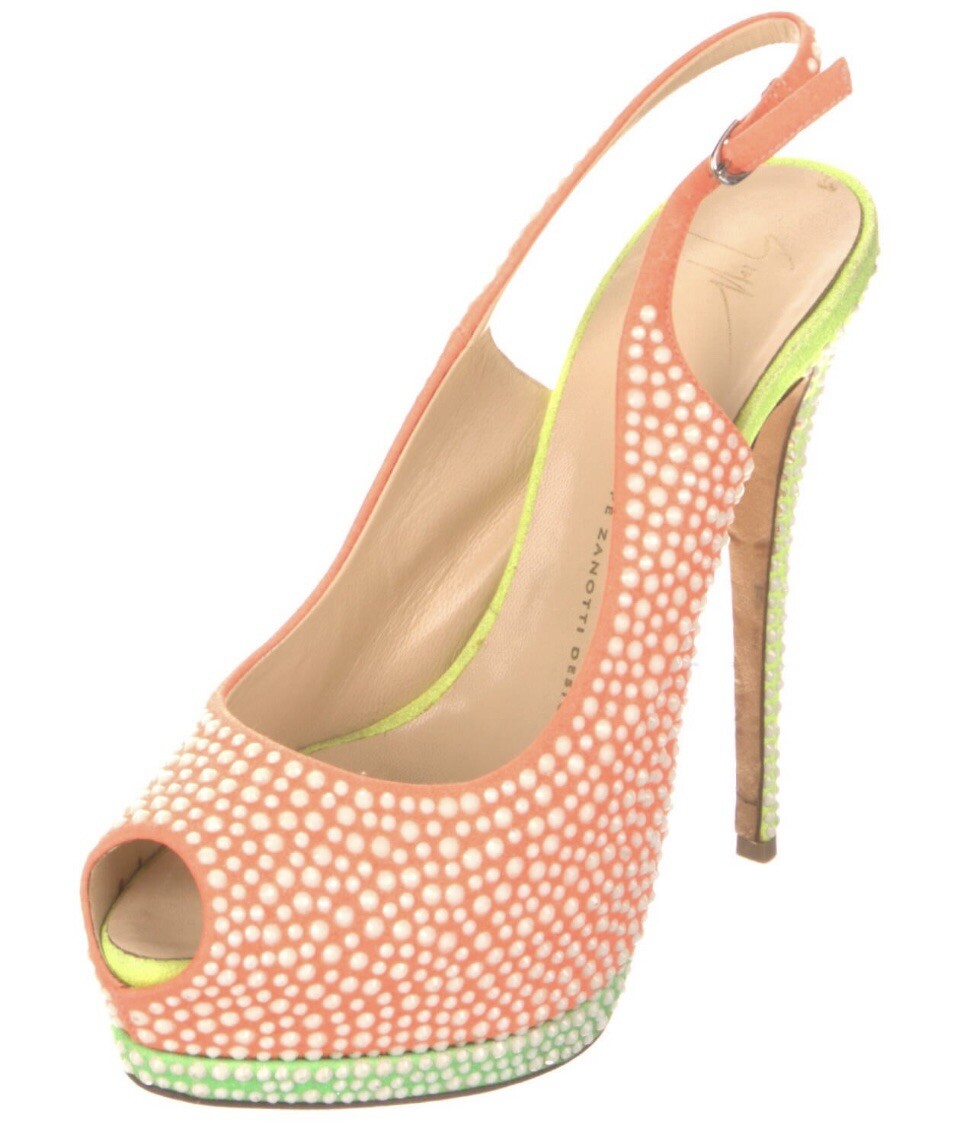GIUSEPPE ZANOTTI NEON ORANGE YELLOW GREEN CRYSTAL PLATFORM HEELS SZ 9 39