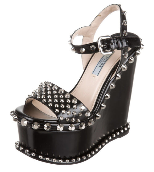 $1150 PRADA BLACK LEATHER STUDDED PLATFORM WEDGES SZ 5.5 35.5