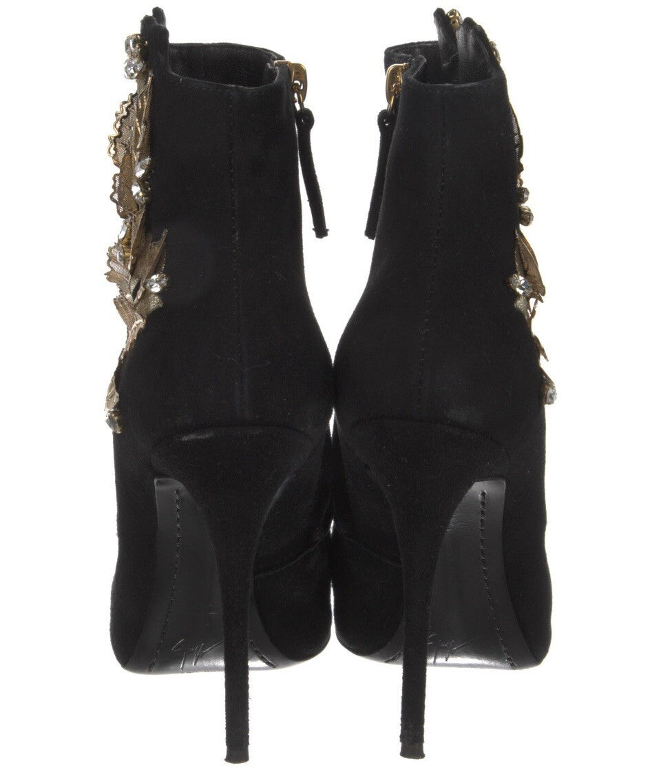 $1495 GIUSEPPE ZANOTTI BOOTS SUEDE ANKLE W/ LEAF & CRYSTAL SZ 5 35