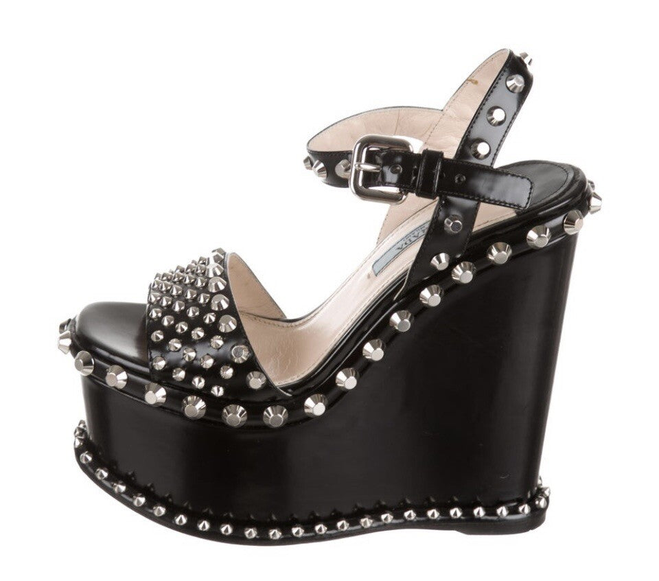 $1150 PRADA BLACK LEATHER STUDDED PLATFORM WEDGES SZ 5.5 35.5