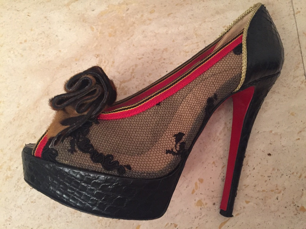 $1695 CHRISTIAN LOUBOUTIN SNAKESKIN/ LACE / LEOPARD PONY HAIR HEELS SZ 36