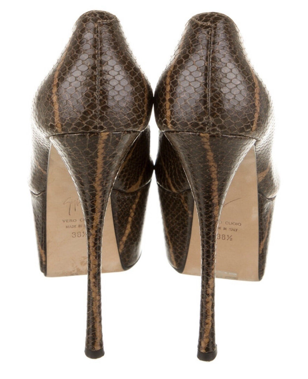 GIUSEPPE ZANOTTI BROWN SNAKESKIN PLATFORM PEEP TOE HEELS SZ 8.5 38.5