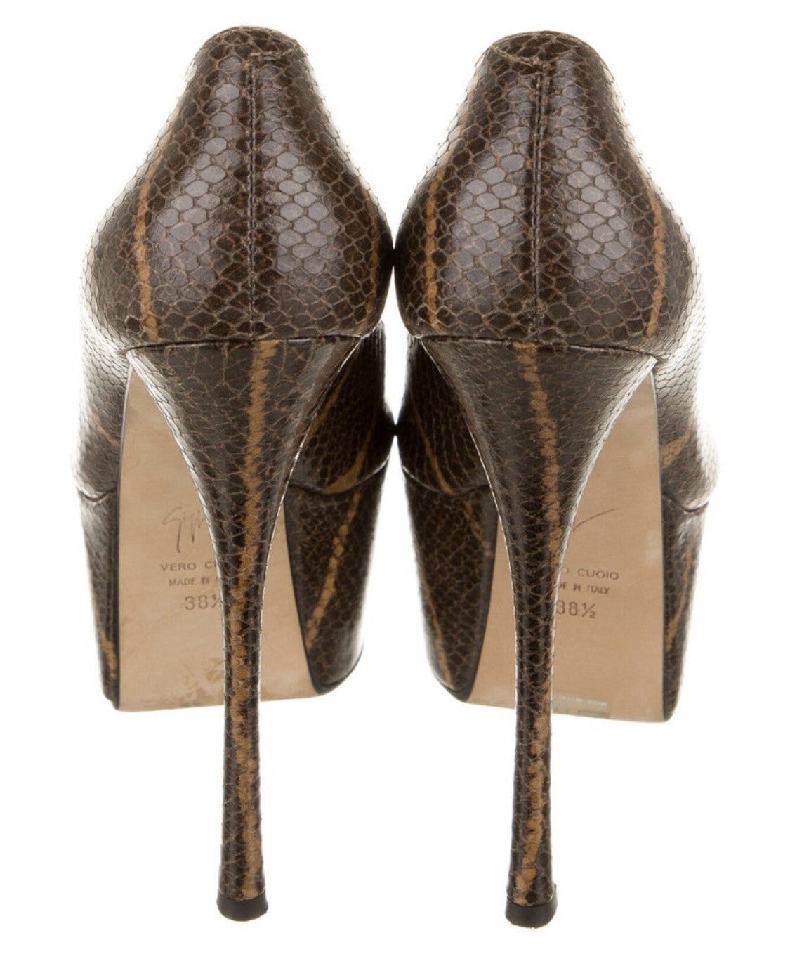 GIUSEPPE ZANOTTI BROWN SNAKESKIN PLATFORM PEEP TOE HEELS SZ 8.5 38.5