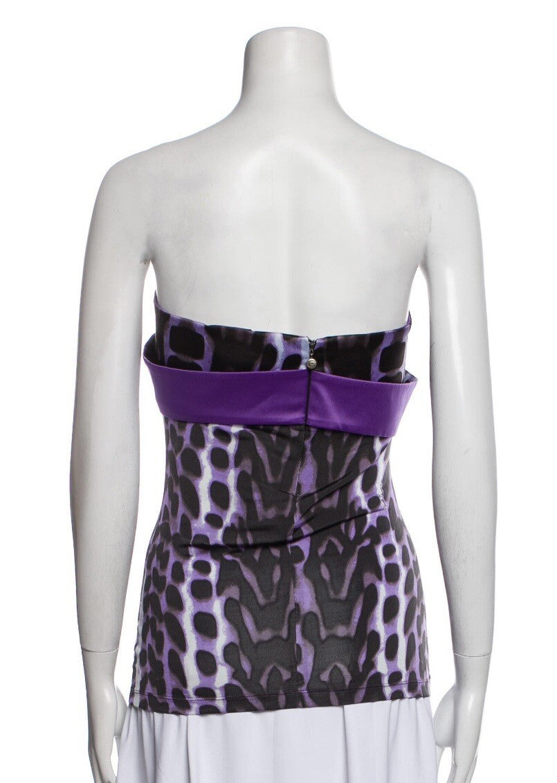 NWT JUST CAVALLI PURPLE ANIMAL PRINT STRAPLESS TOP SZ M US6 IT42