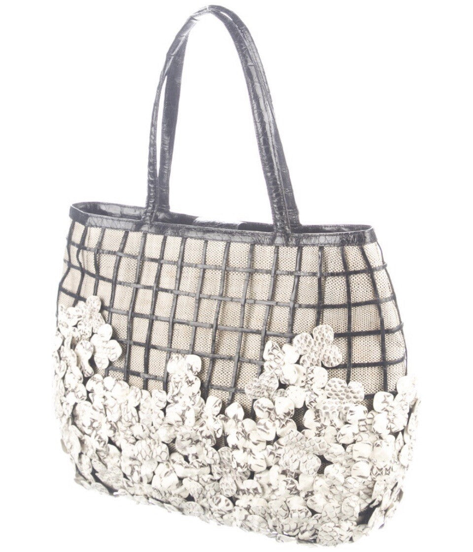 $4400 NANCY GONZALEZ CROCODILE & PYTHON 3D FLOWER LARGE EMBELLISHED TOTE BAG
