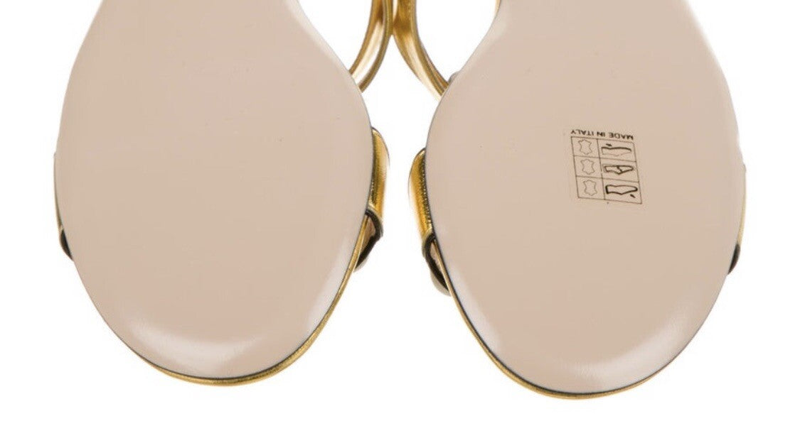 $995 NEW GUCCI METALLIC GOLD LEATHER FAUX PEARL GG LOGO SANDALS SZ 5.5 35.5