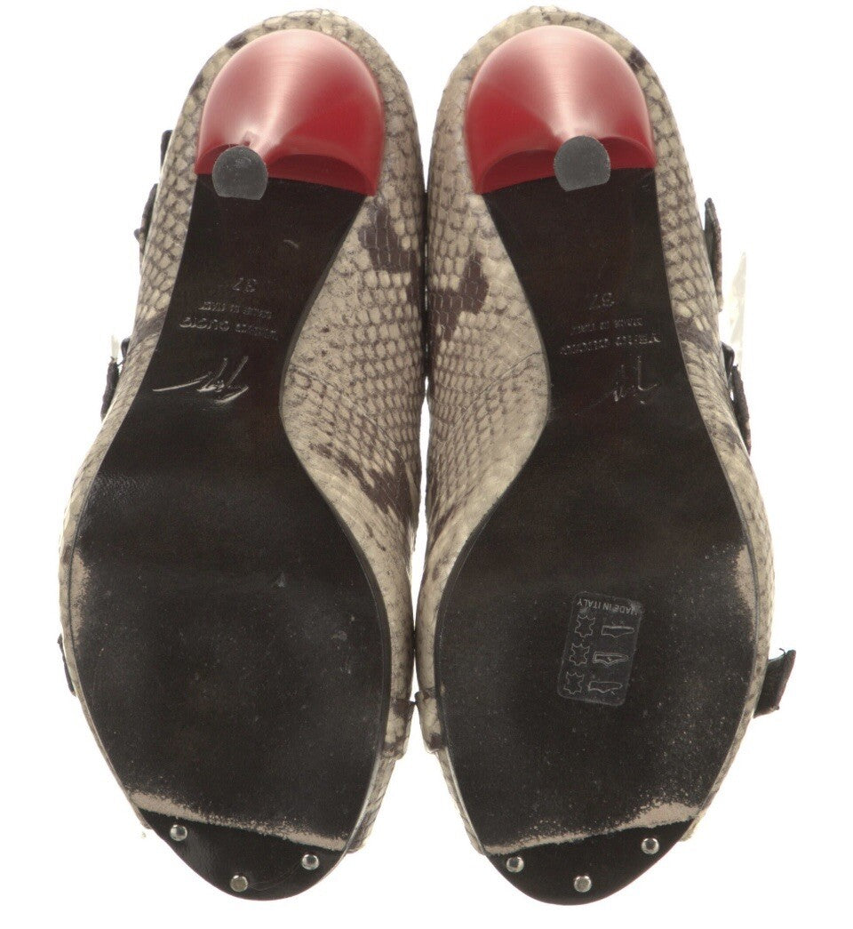 $995 GIUSEPPE ZANOTTI SNAKESKIN PRINT LEATHER BUCKLE HEELS SZ 7 37