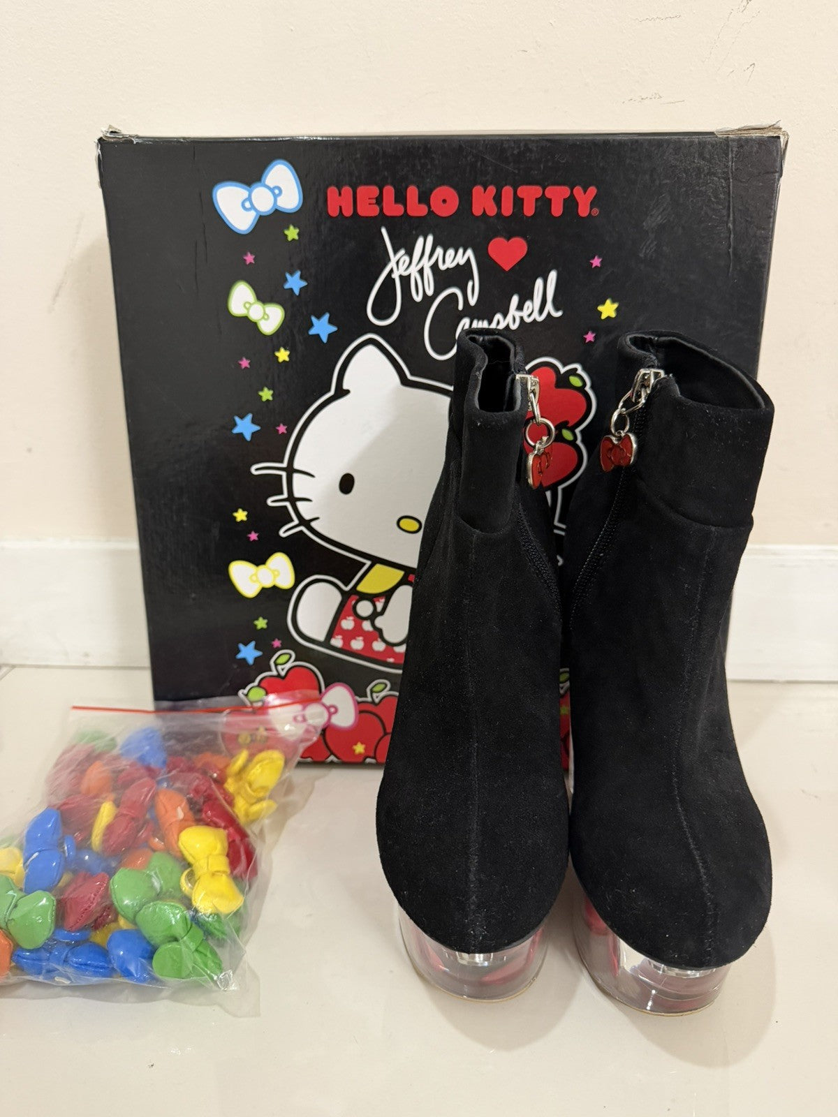 Jeffrey Campbell Hello Kitty Black Leather Bow Wedge Bootie Size 7
