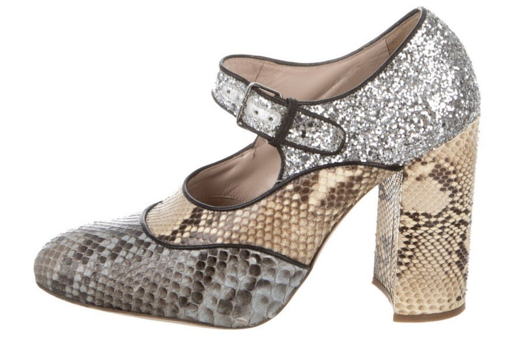 $1380 MIU MIU PYTHON SNAKESKIN  GLITTER MARY JANE HEELS SZ 36  6 US