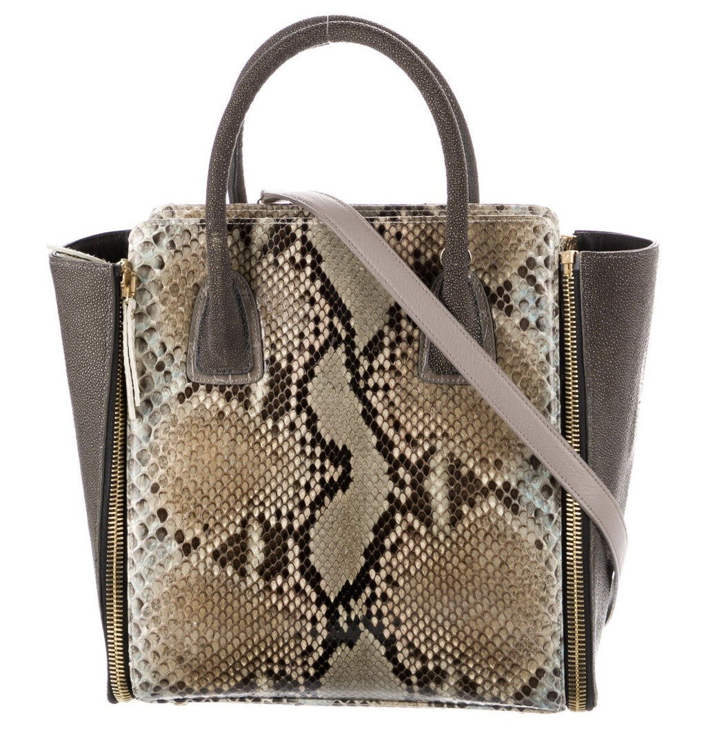 $2850 PAIGE GAMBLE PYTHON SNAKESKIN & STINGRAY TOTE BAG WITH SHOULDER STRAP