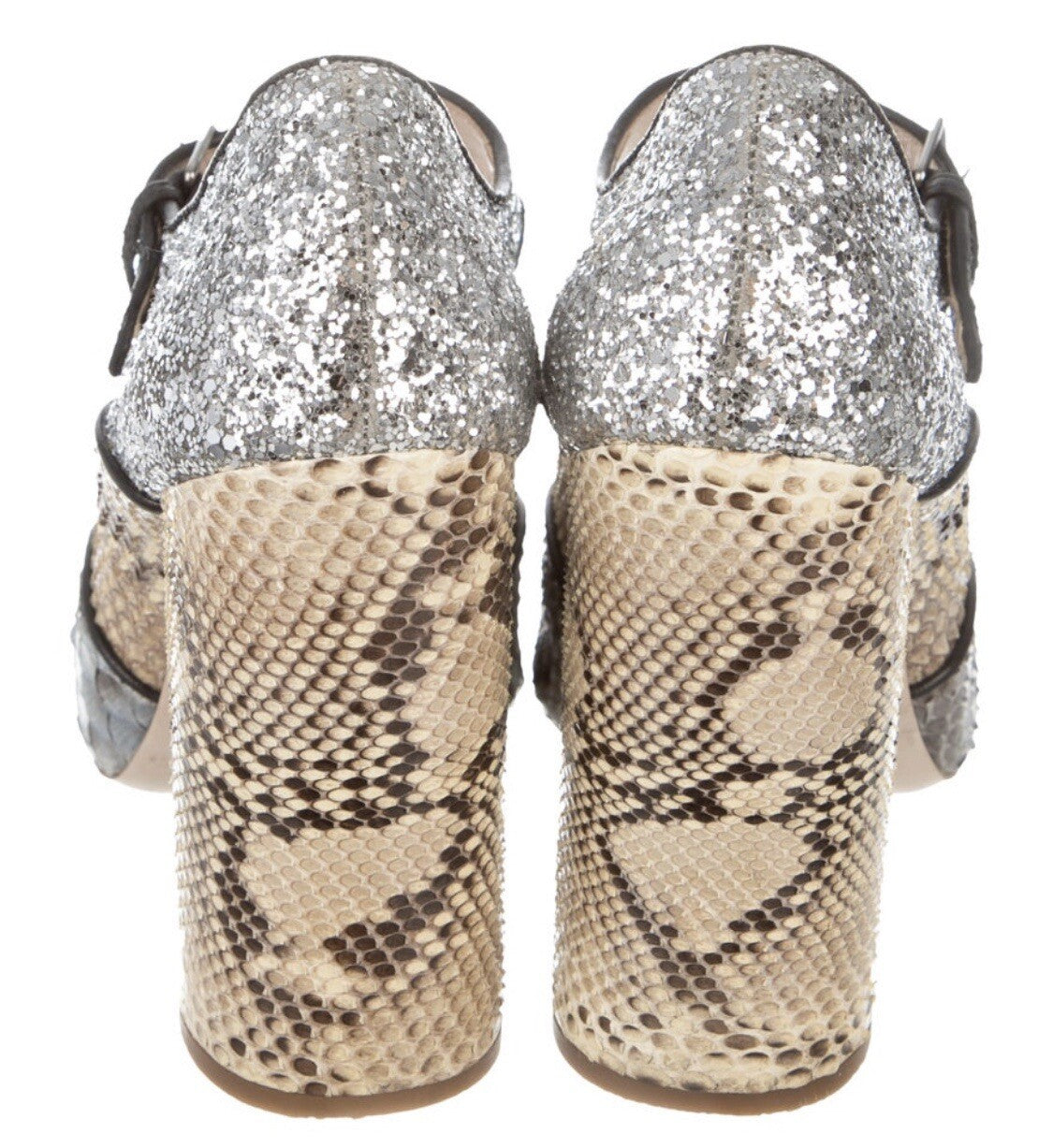 $1380 MIU MIU PYTHON SNAKESKIN  GLITTER MARY JANE HEELS SZ 36  6 US