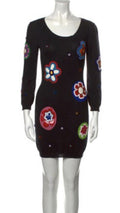 $1150 MOSCHINO COUTURE BLACK WOOL FLOWER APPLIQUE DRESS SZ M US8 IT42