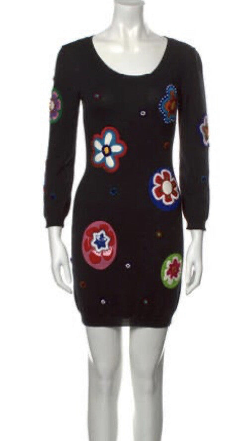 $1150 MOSCHINO COUTURE BLACK WOOL FLOWER APPLIQUE DRESS SZ M US8 IT42