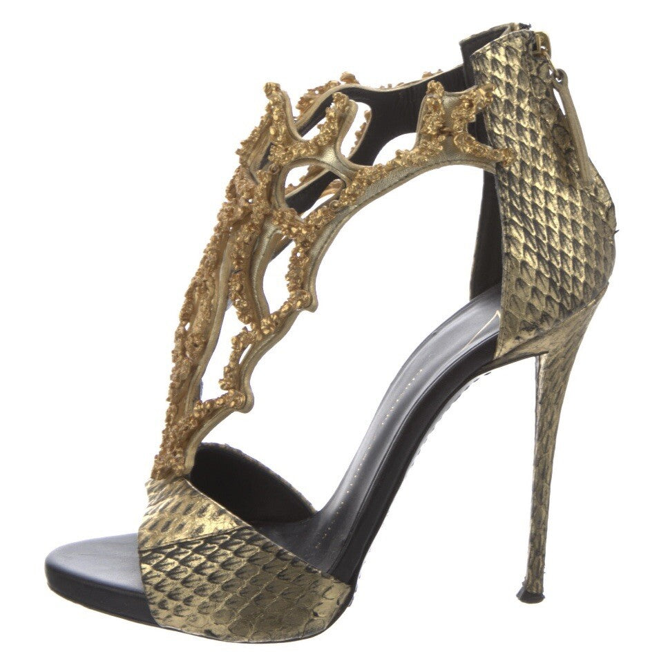 $2195 GIUSEPPE ZANOTTI GOLD PYTHON BEADED CORAL HIGH HEEL SANDALS SZ 6 36