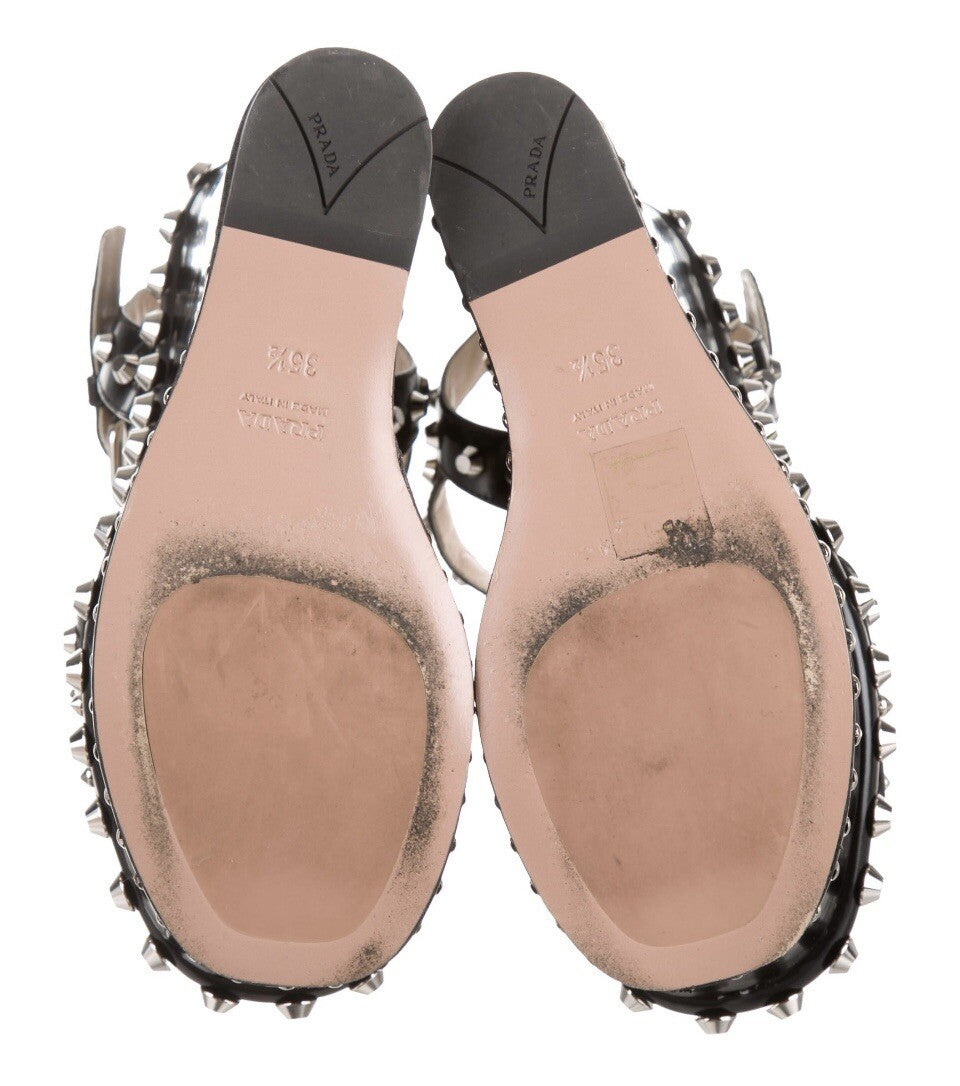 $1150 PRADA BLACK LEATHER STUDDED PLATFORM WEDGES SZ 5.5 35.5