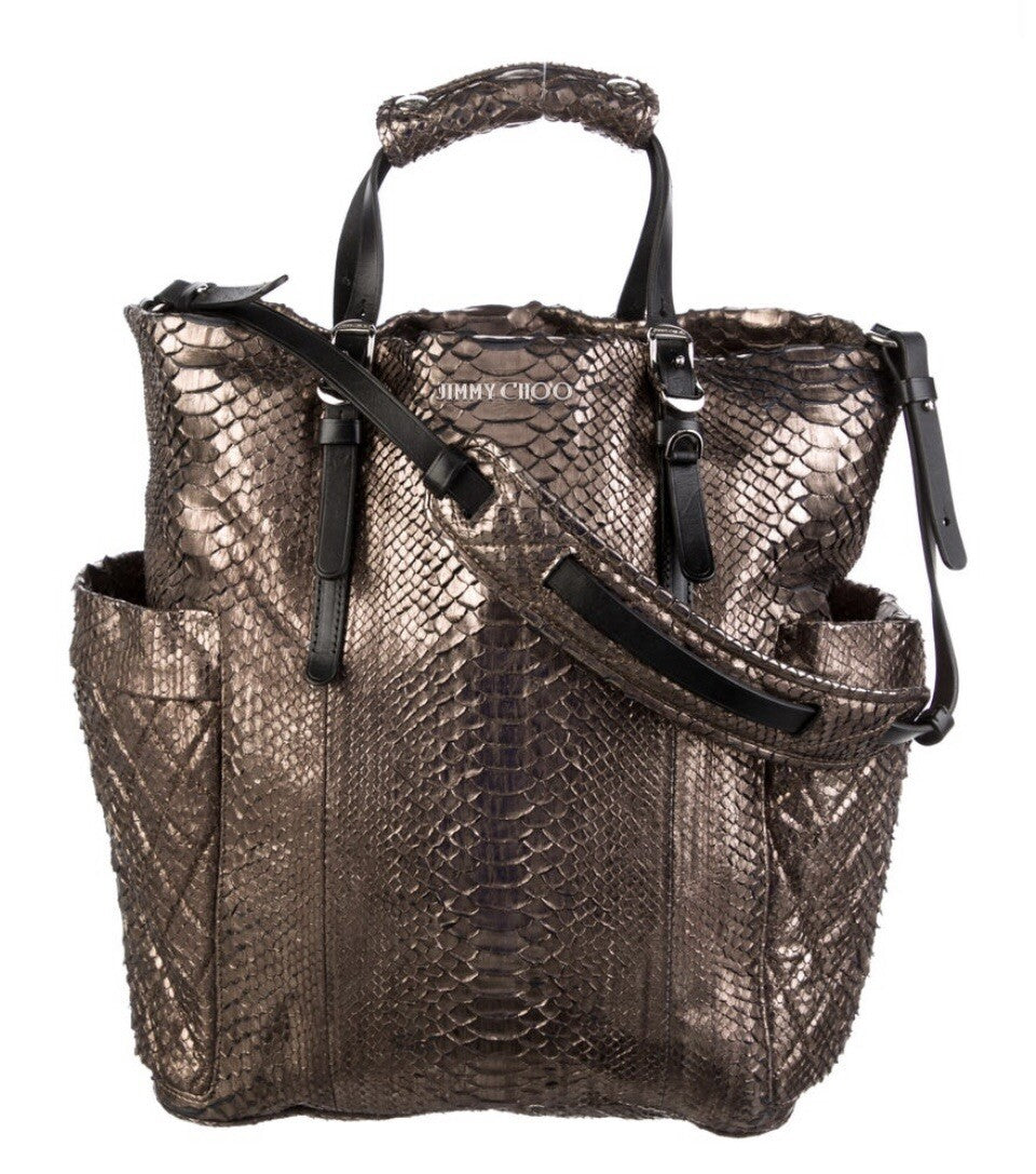 NEW JIMMY CHOO METALLIC BRONZE PYTHON SNAKESKIN TOTE BAG