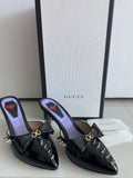 $980 NIB GUCCI BLACK PATENT LEATHER GG LOGO BOW SPIKED MULES HEELS SZ 6.5 36.5
