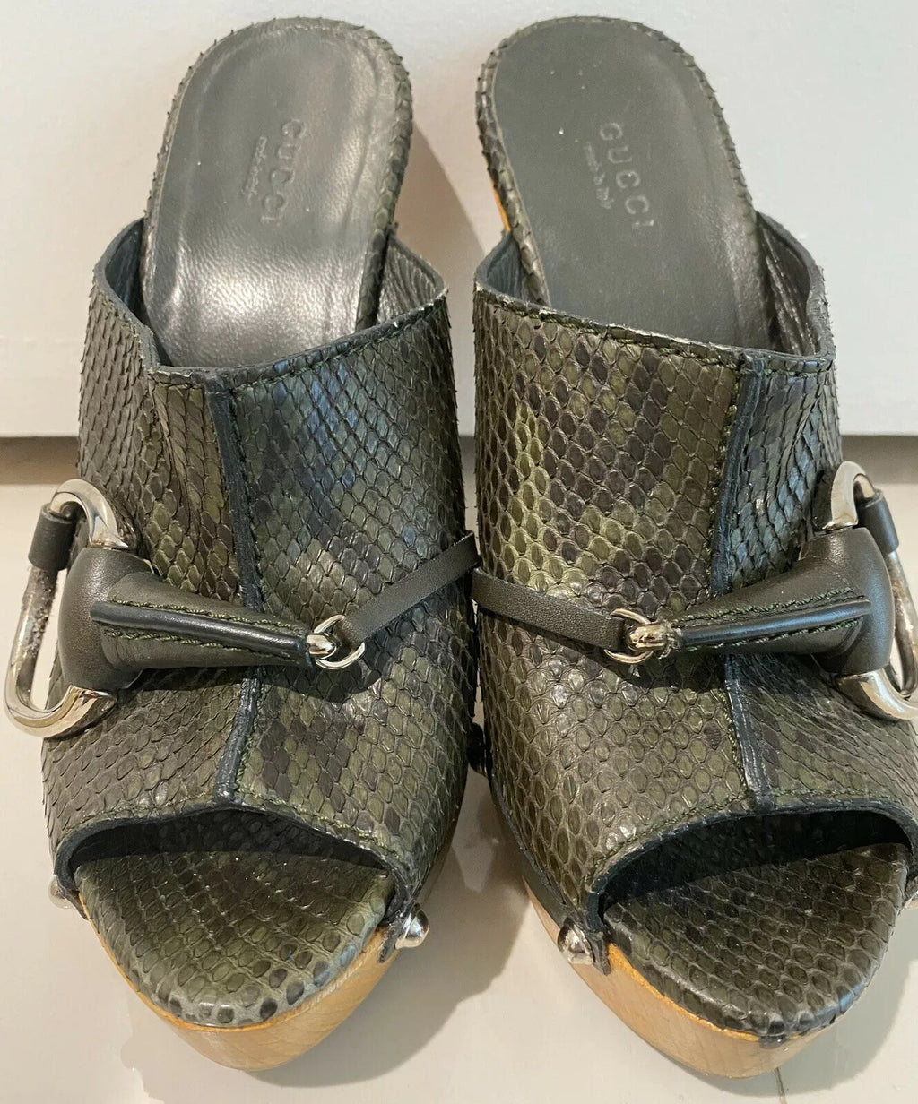 GUCCI GREEN PYTHON SNAKESKIN HORSEBIT WOODEN PLATFORM SANDALS SZ 36  6