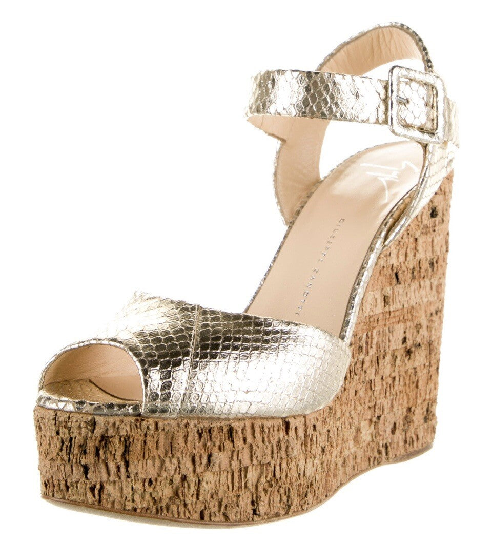 GIUSEPPE ZANOTTI METALLIC GOLD EMBOSSED SNAKESKIN CORK WEDGES SZ 8.5 38.5