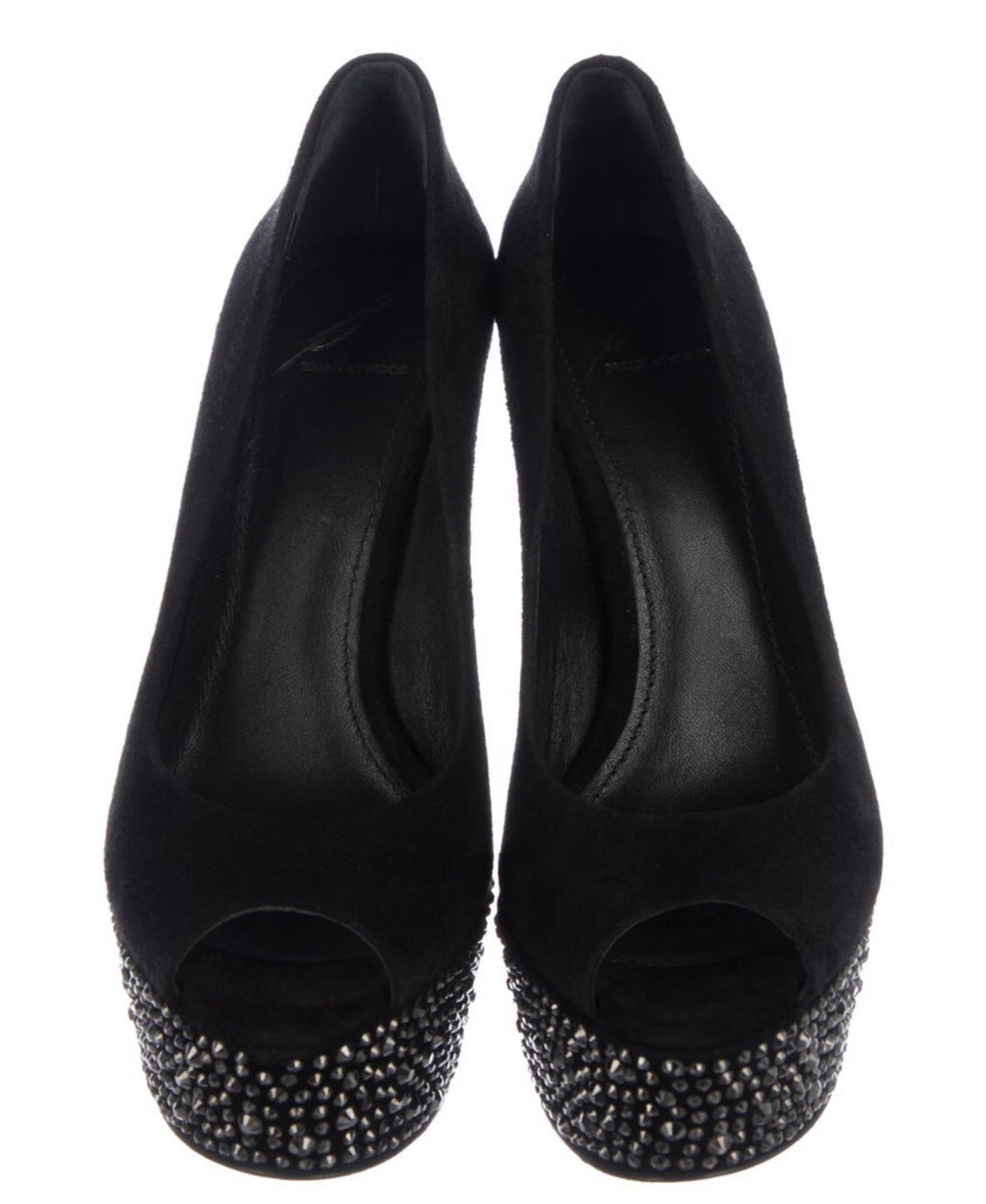 BRIAN ATWOOD BLACK SUEDE SWAROVSKI CRYSTAL EMBELLISHED PEEP TOE HEELS SZ 6 36