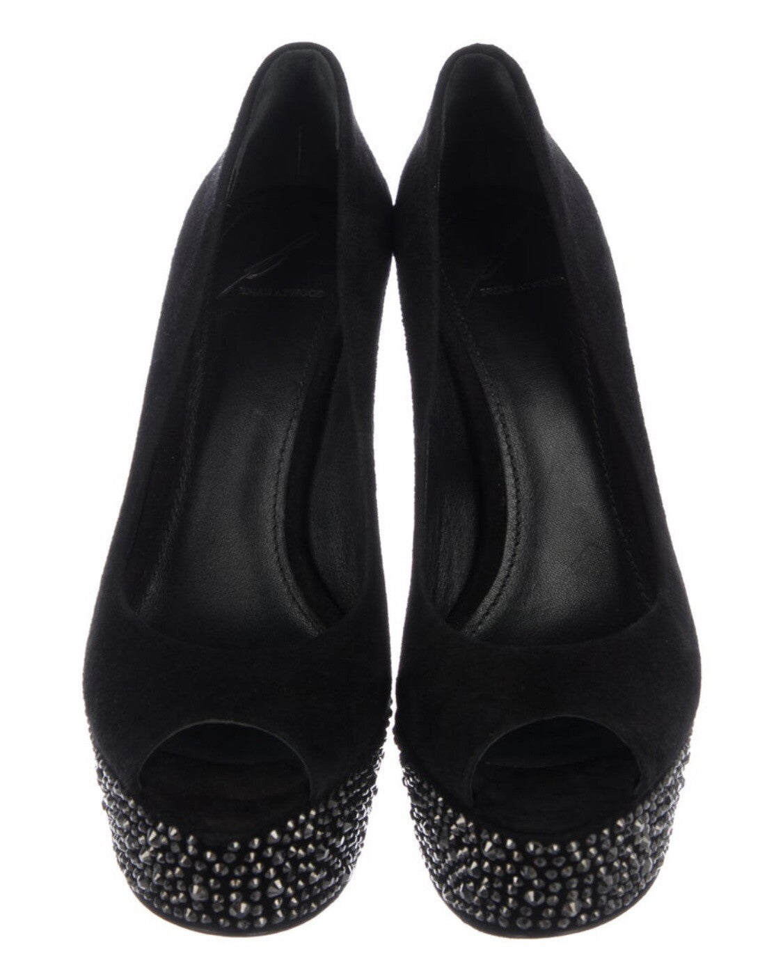 BRIAN ATWOOD BLACK SUEDE SWAROVSKI CRYSTAL EMBELLISHED PEEP TOE HEELS SZ 6 36