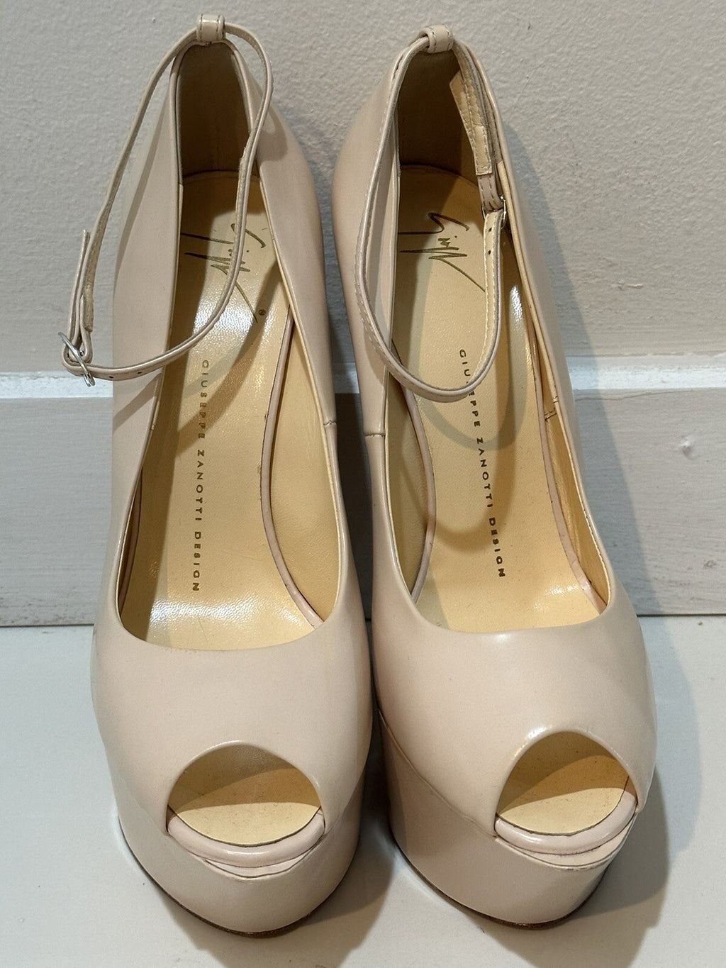 $1295 NEW GIUSEPPE ZANOTTI NUDE LEATHER PEEP TOE PLATFORM HEELS SZ 39.5 9.5 US