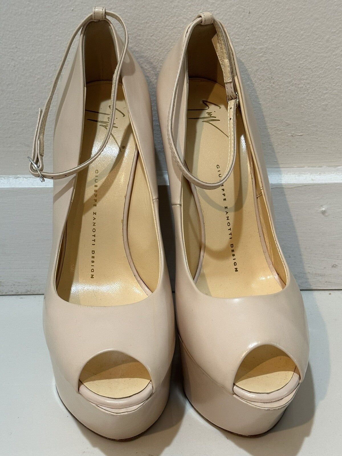 $1295 NEW GIUSEPPE ZANOTTI NUDE LEATHER PEEP TOE PLATFORM HEELS SZ 39.5 9.5 US