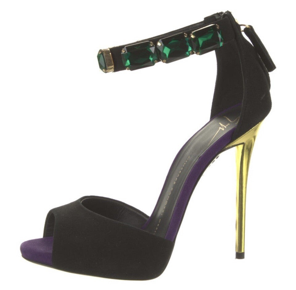 GIUSEPPE ZANOTTI BLACK SUEDE CRYSTAL EMBELLISHED SANDALS SZ 7 37