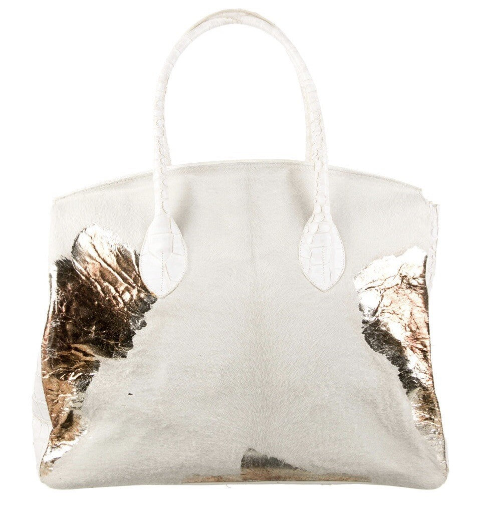 RETTA WOLFF WHITE PONYHAIR CROCODILE TRIMMED HANDLE BAG