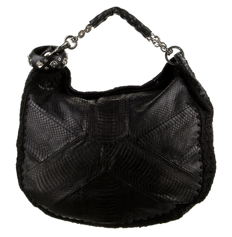 JIMMY CHOO BLACK PYTHON SNAKESKIN & CROCHET ACCENT HOBO BAG