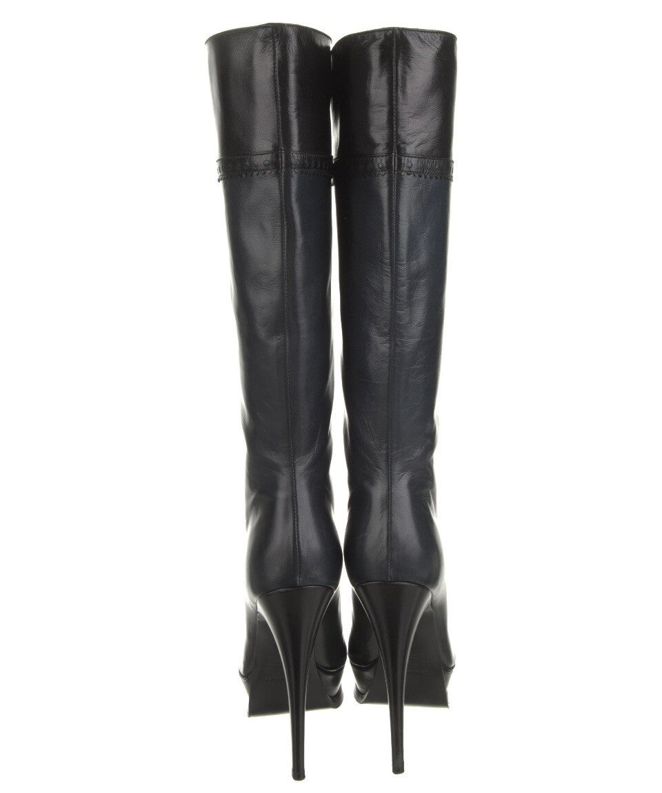 YVES SAINT LAURENT NAVY LEATHER PLATFORM BOOTS SZ 8.5 38.5