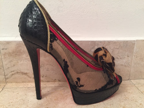 $1695 CHRISTIAN LOUBOUTIN SNAKESKIN/ LACE / LEOPARD PONY HAIR HEELS SZ 36