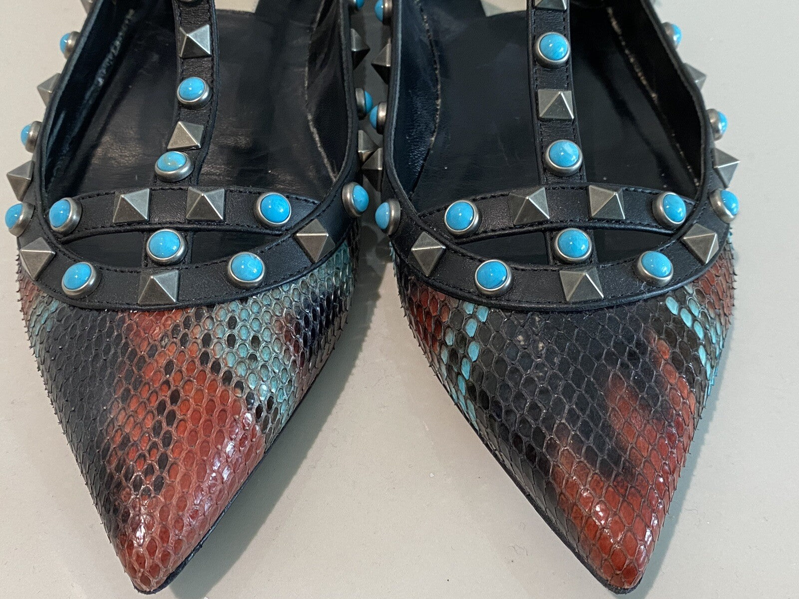 VALENTINO PYTHON SNAKESKIN & TURQUOISE ROCKSTUD BULLET FLATS SZ 6 36