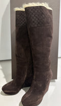 GUCCI NIB MICROGUCCISSIMA BROWN SUEDE / SHEARLING ACCENT KNEE HIGH BOOTS SZ 6 36