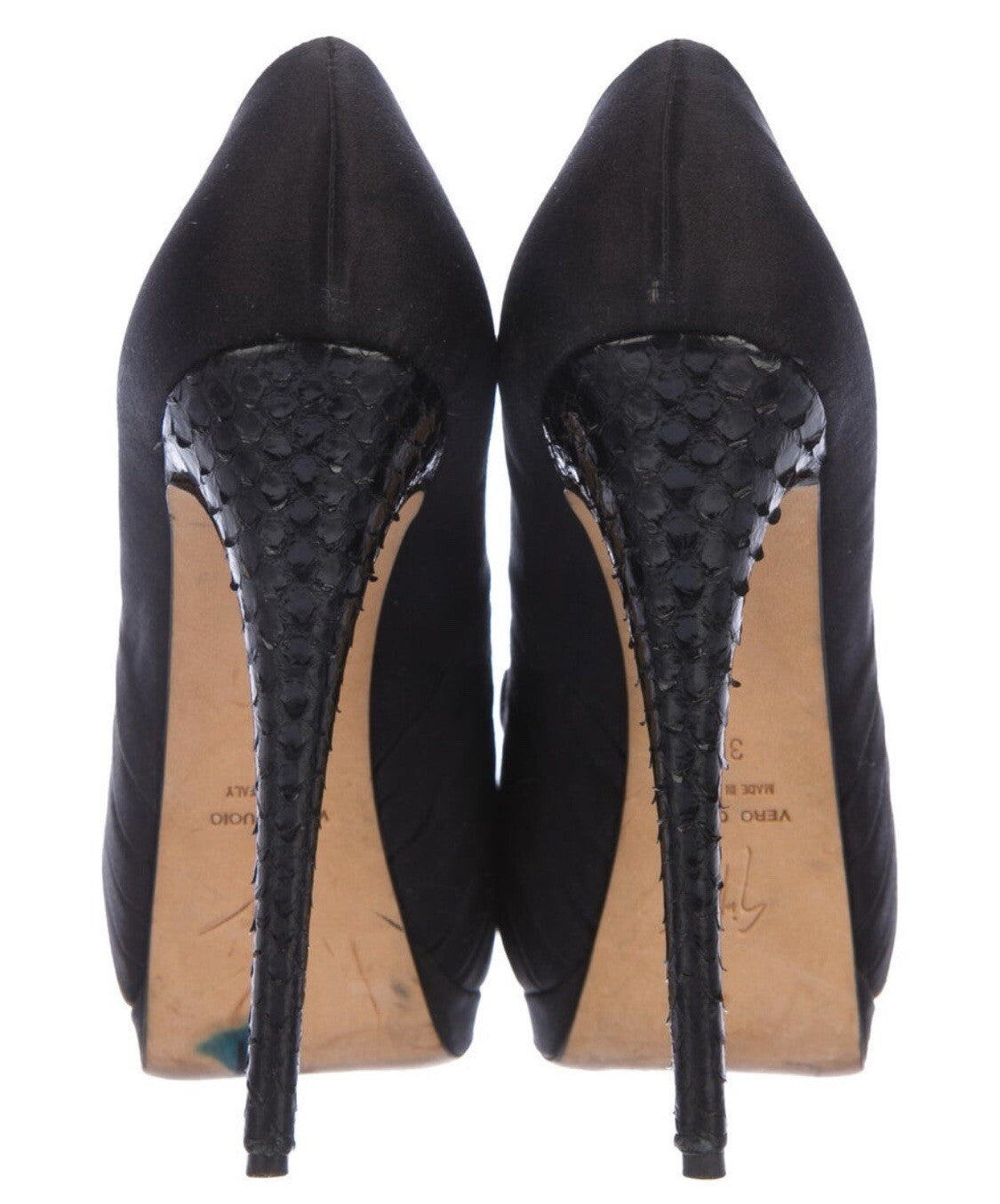 GIUSEPPE ZANOTTI BLACK SATIN & SNAKESKIN PLATFORM PEEP TOE HEELS SZ 7  37