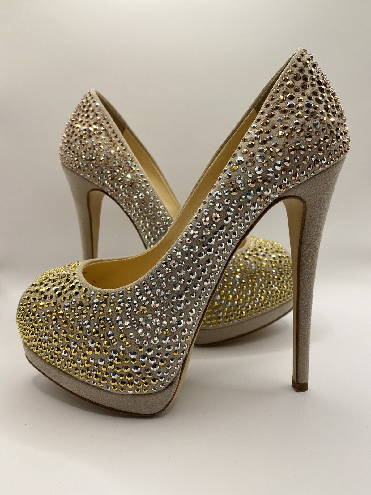 $1095 GIUSEPPE ZANOTTI NUDE SUEDE GOLD SILVER STUDDED PLATFORM HEELS SZ 5 35