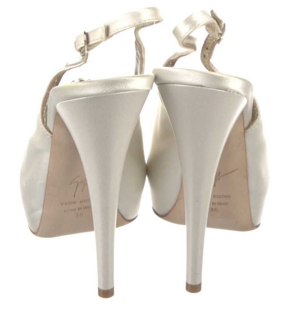 GIUSEPPE ZANOTTI OFF WHITE SILK CRUSTAL EMBELLISHED PEEP TOE HEELS SZ 6 36