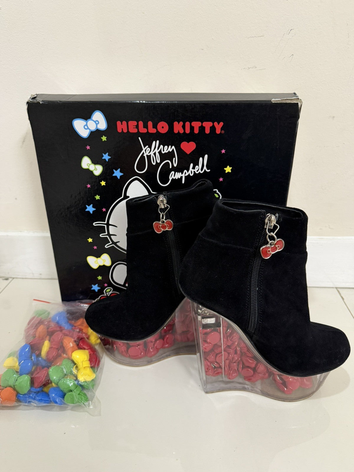 Jeffrey Campbell Hello Kitty Black Leather Bow Wedge Bootie Size 7