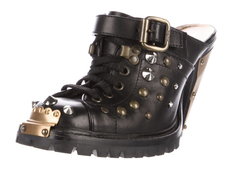 MIU MIU BLACK LEATHER STUDDED MULES SZ 8.5 38.5