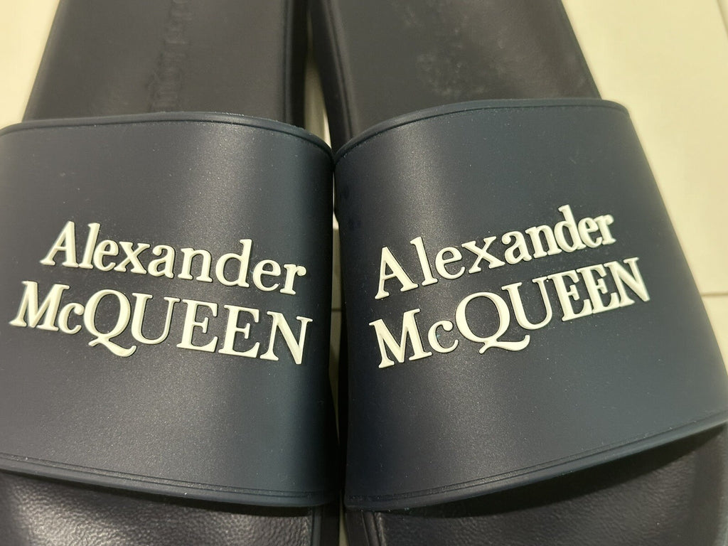 $350 NIB ALEXANDER MCQUEEN LOGO SLIDES NAVY BLUE/ WHITE SZ 43 / 10 US