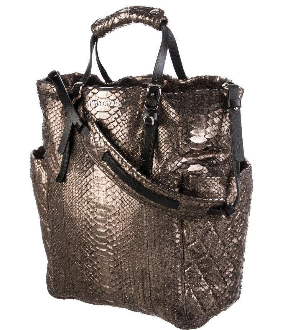 NEW JIMMY CHOO METALLIC BRONZE PYTHON SNAKESKIN TOTE BAG