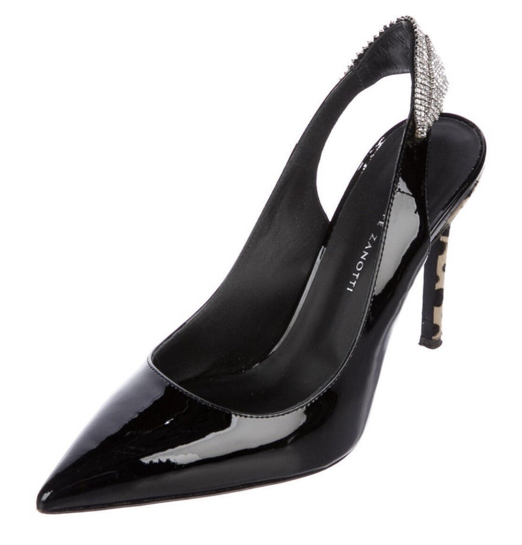 $1195 GIUSEPPE ZANOTTI BLACK PATENT LEATHER SWAROVSKI CRYSTAL PUMPS SZ 7 37