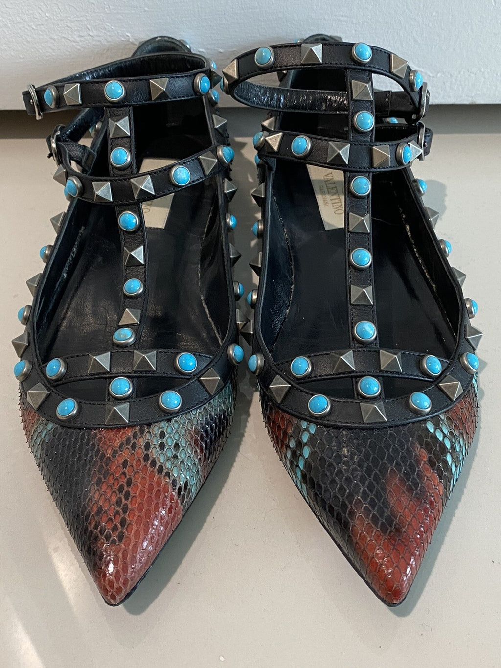 VALENTINO PYTHON SNAKESKIN & TURQUOISE ROCKSTUD BULLET FLATS SZ 6 36