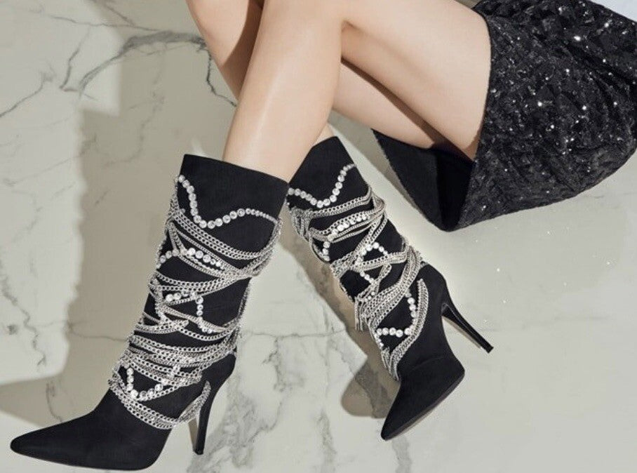 $2450 GIUSEPPE ZANOTTI BOOTS BLACK SUEDE CRYSTAL & CHAIN EMBELLISHED SZ 9 39