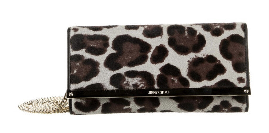 JIMMY CHOO LEOPARD PRINT PONYHAIR CLUTCH W/ CHAIN
