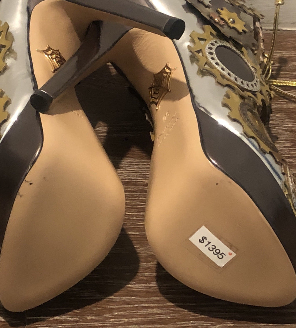 $1395 NIB CHARLOTTE OLYMPIA RUNWAY METALLIC LEATHER PLATFORM HEELS SZ 36  6
