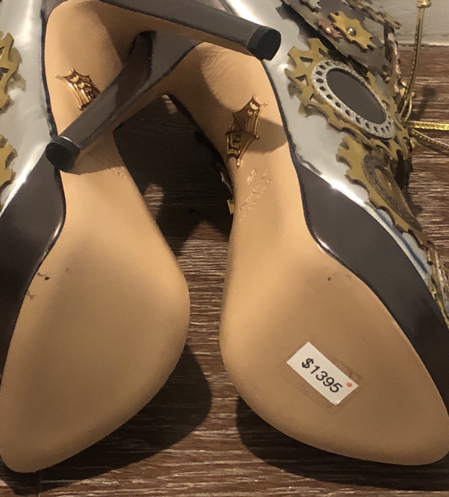 $1395 NIB CHARLOTTE OLYMPIA RUNWAY METALLIC LEATHER PLATFORM HEELS SZ 36  6