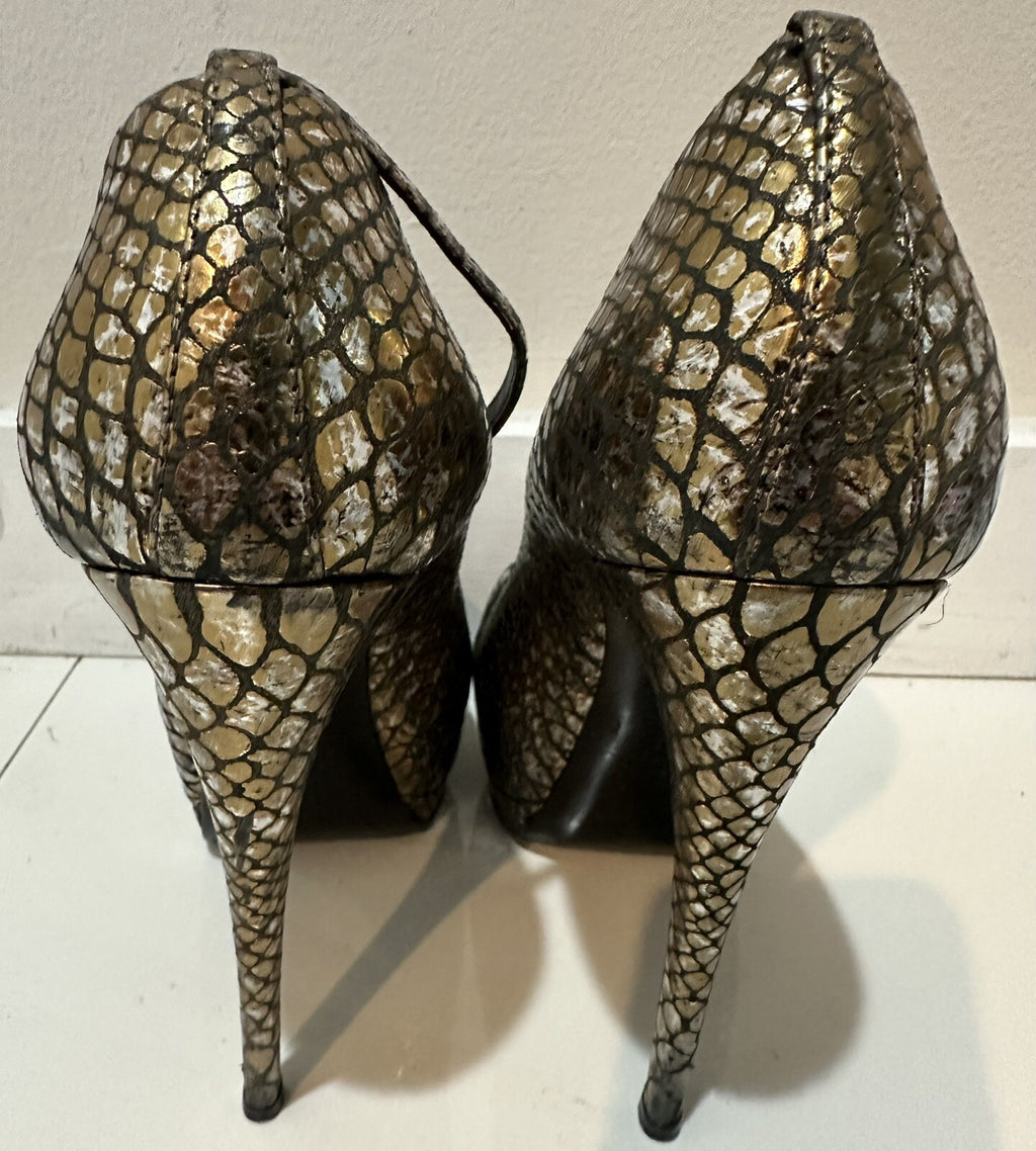 $995 GIUSEPPE ZANOTTI METALLIC LEATHER SNAKESKIN PRINT PEEP TOE  HEELS SZ 8 38