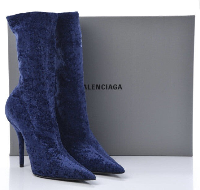$1290 NIB BALENCIAGA BLUE VELVET MID CALF BOOTS SZ 6 36